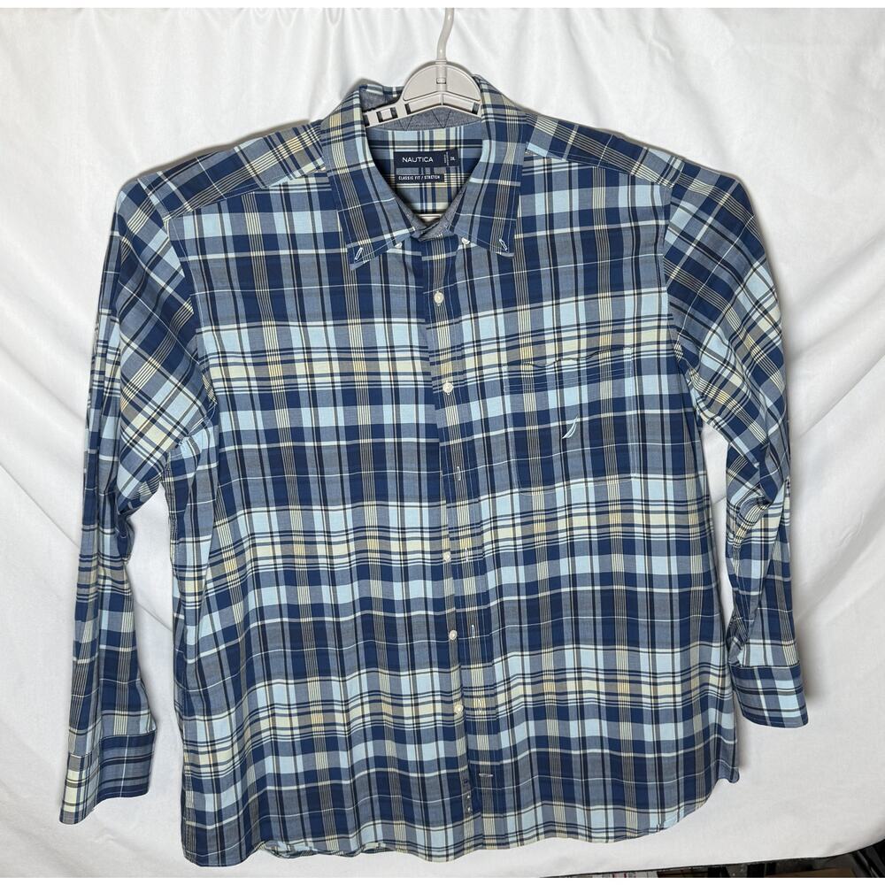 Nautica Mens 2XL Blue Plaid Stretch Button Up Shirt Long Sleeve Classic Fit